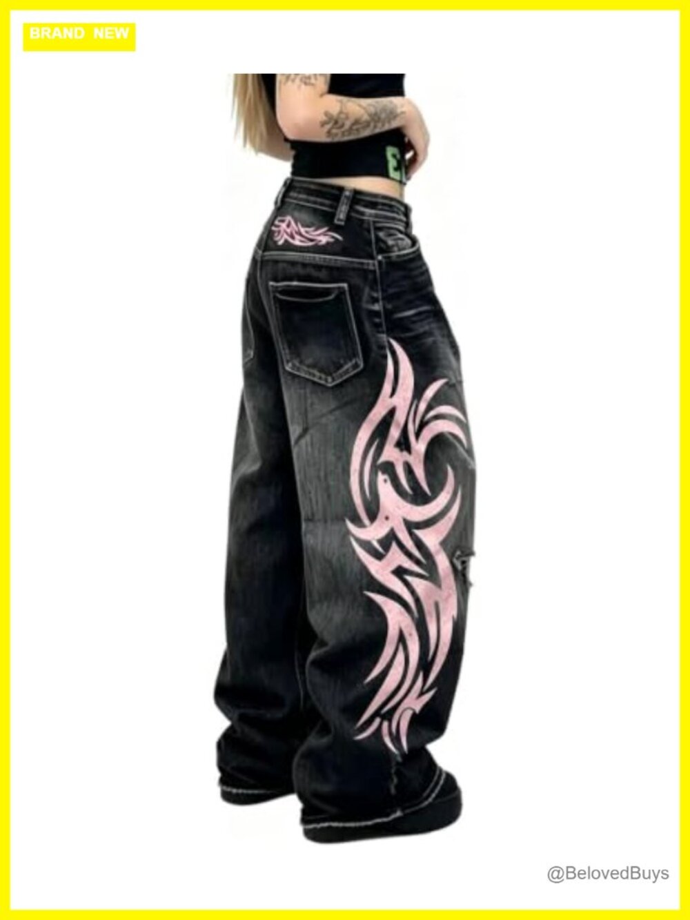 Y2K Baggy Jeans Vintage Wash High Waist Wide Leg Totem Print Denim